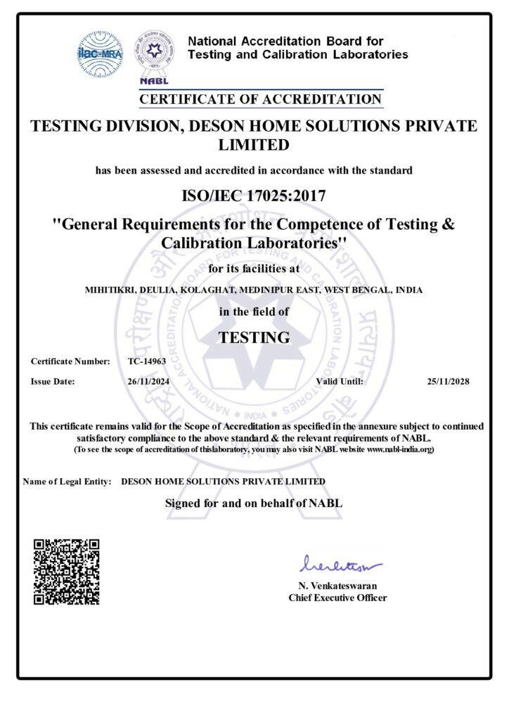NABL Certification for DEKLAB by Deson Home Solutions